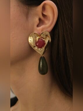 Mango Gold Heart Drop Earrings with Red Cabochon and Olive Teardrops